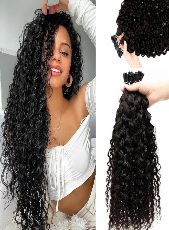 Smartinnov Water Wave I Tip Hair Extensions Human Hair 100 Strands 0.5g/Strands Curly Real Remy Hair Pre Bonded Keratin Stick In Hair Extensions for Women 18 Inch #1B Black Bundles 2-3 Packs for Full Head - Image 1